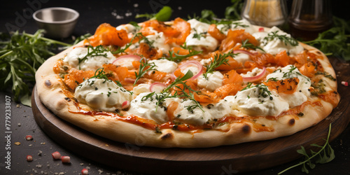 Top view of Philadelphia pizza with creamy sauce, mozzarella, salmon, cream cheese, and herbs, with copy space, dark concrete background Menu concept. Delicious tasty Italian food diet