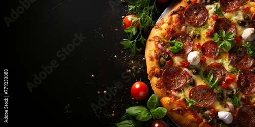 Top view of pizza with tomato sauce, mozzarella, and pepperoni, with copy space, dark concrete background Menu concept. Delicious tasty Italian food diet