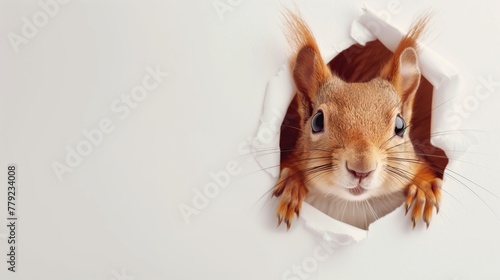 Cute squirrel peeks through the hole in the paper wall.