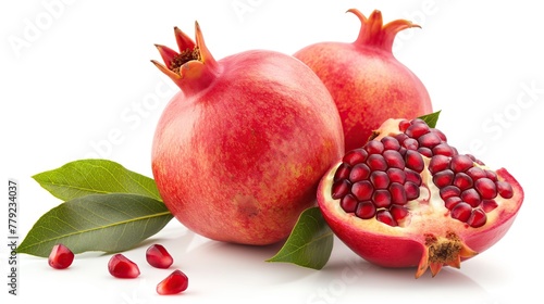 Fresh ripe pomegranate with green leaves isolated on white background.