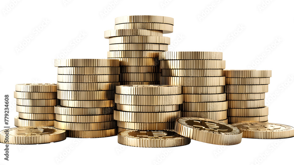 Bitcoins coins stack, concept of stock market exchange or financial technology - on white background Bitcoins coins stack, concept of stock market exchange or financial technology - on white background