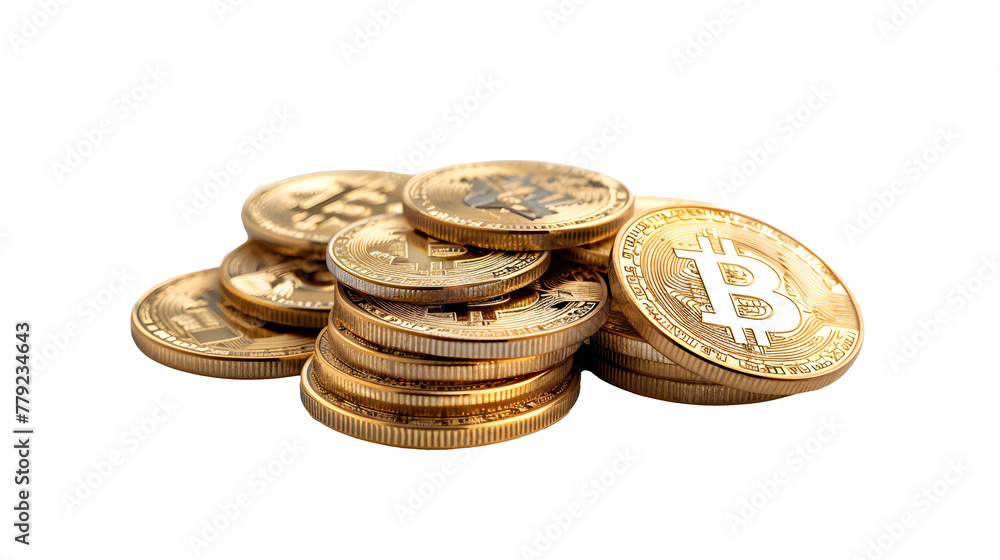 Bitcoins coins stack, concept of stock market exchange or financial technology - on white background Bitcoins coins stack, concept of stock market exchange or financial technology - on white background