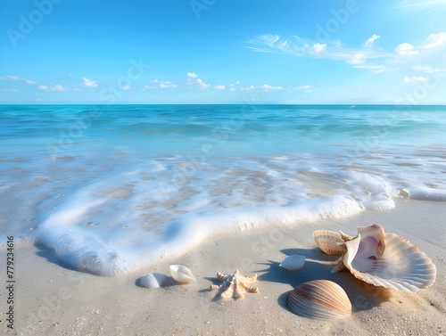 A beach scene with a shell and a wave