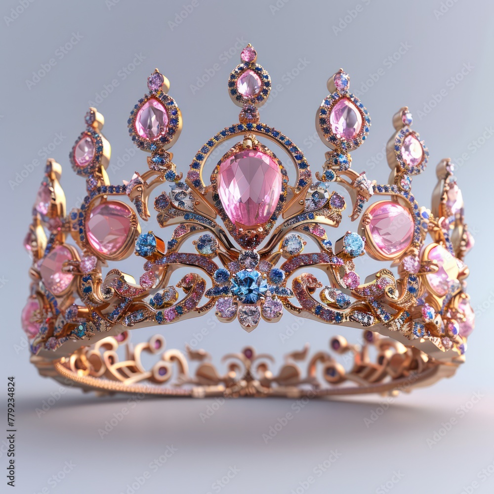An elaborate golden crown adorned with pink and blue gemstones and intricate filigree detailing on a neutral background An elaborate golden crown adorned with pink and blue gemstones and intricate filigree detailing on a neutral background