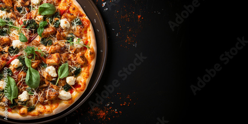 Top view of Tuscan pizza with tomato sauce, mozzarella, chicken, red onion, spinach, and garlic, with copy space, dark concrete background Menu concept. Delicious tasty Italian food diet