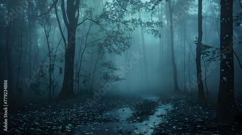 A forest with a stream of water running through it. The trees are dark and the sky is cloudy. Scene is eerie and mysterious