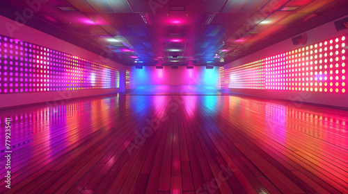 A dance floor with neon lights and a large white wall. The lights are bright and colorful  creating a fun and energetic atmosphere