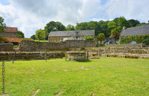Landevennec, Bretagne, France, garden and some buildings at the ancient Abbey