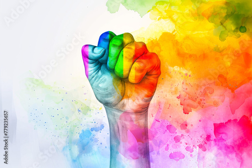 Woman's Raised Fist Painted with LGBTQ Flag, Watercolor Style
