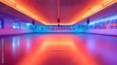 A skating rink with neon lights and a wall of pictures. Scene is energetic and fun