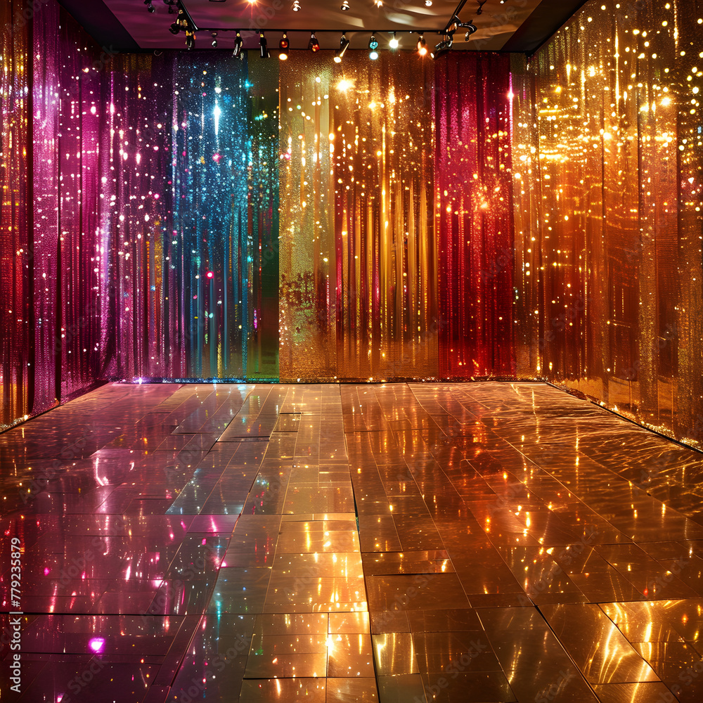 A colorful room with a rainbow curtain and a shiny floor. The room is decorated with lights and the walls are covered with a rainbow curtain. The room has a bright and lively atmosphere