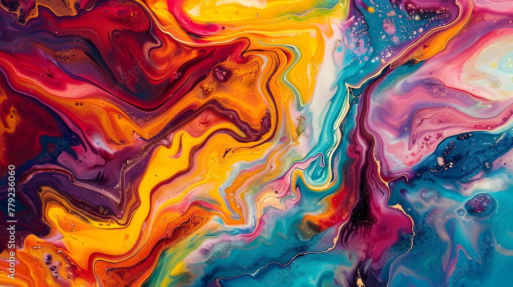 A colorful painting with a lot of swirls and splatters. The colors are bright and vibrant, creating a sense of energy and movement. The painting seems to be abstract, with no clear subject or form