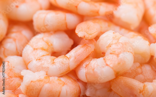 Shrimps. Fresh peeled Prawns Background. Preparing healthy food, cooking, diet, nutrition concept. Macro shot. 