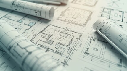 Detailed architectural blueprints with multiple building plans, rolled up scrolls and drafting tools, depicting the design process..