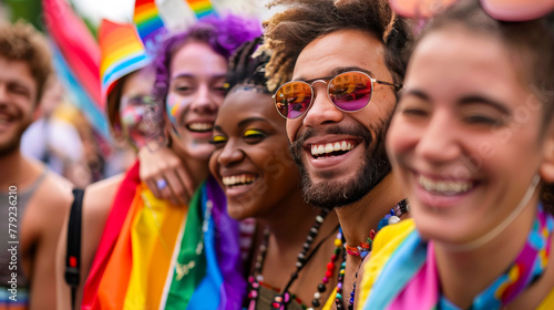 Joyful Group Celebrating Pride Month with Parade in Background 