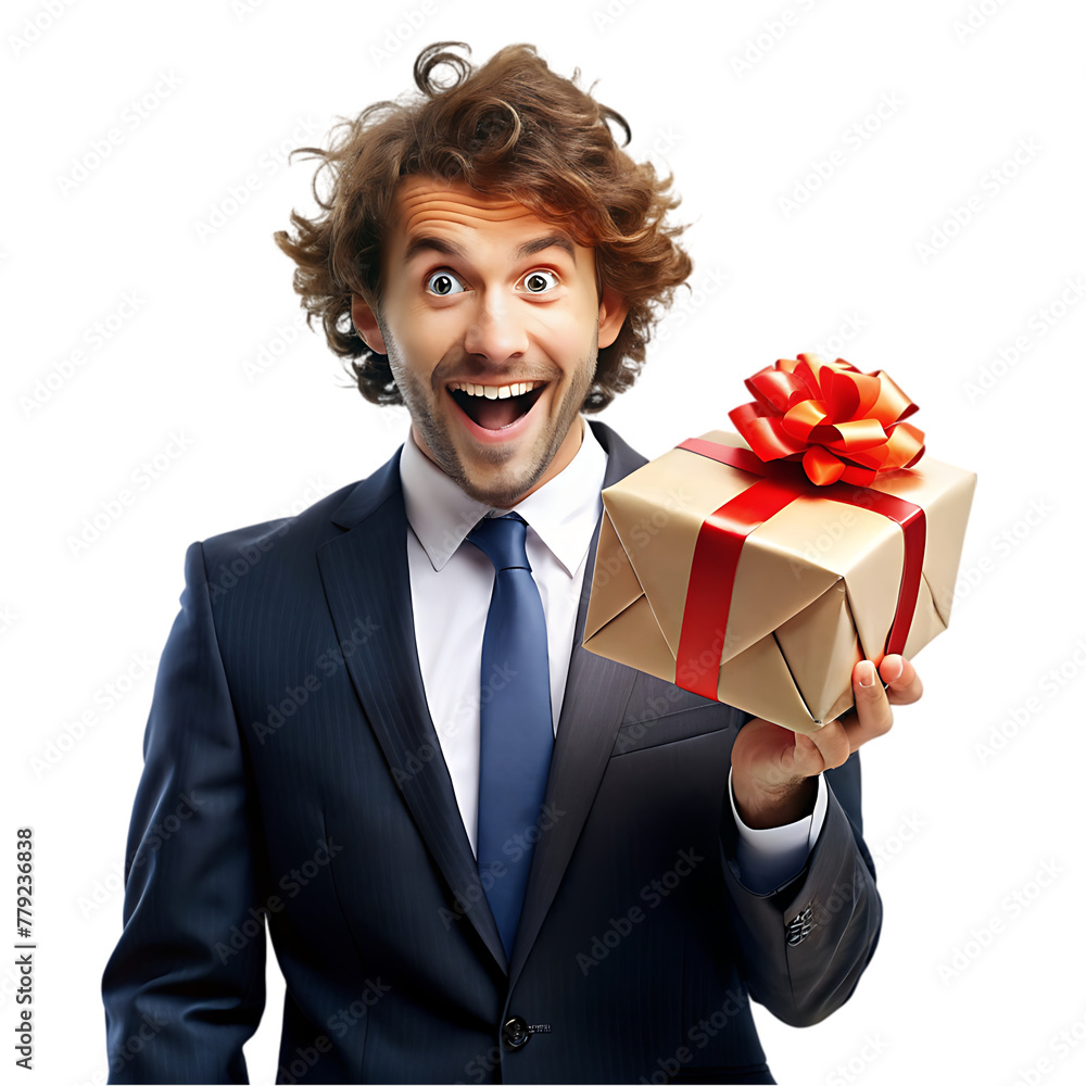 smiling bearded man in business clothes holding gift smiling bearded man in business clothes holding gift