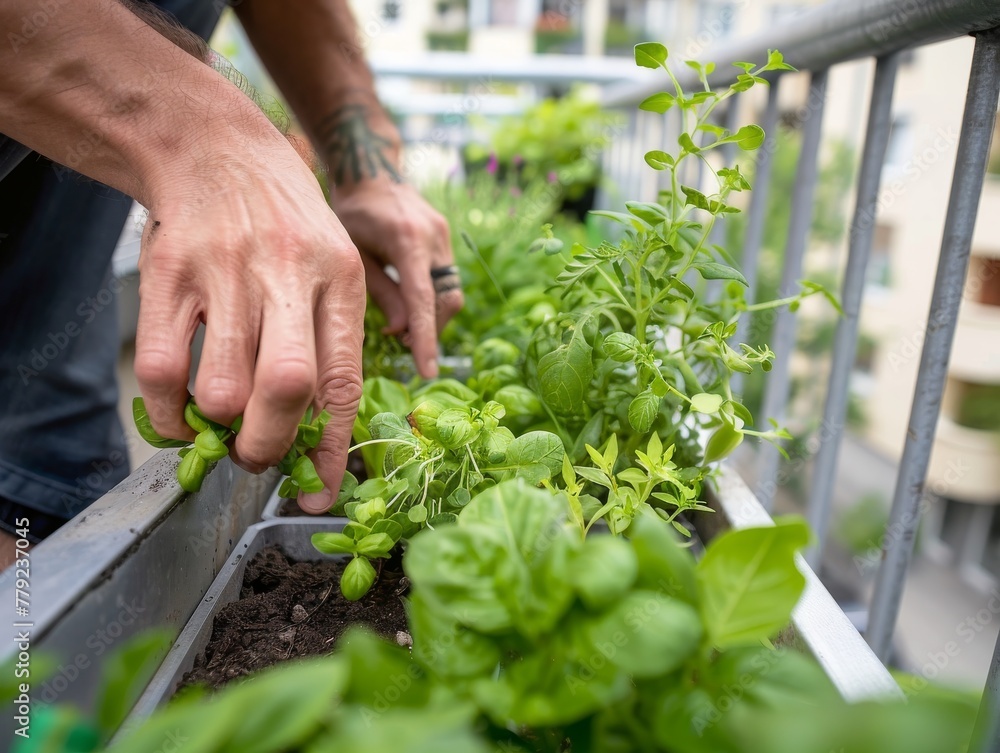 Discover high-rise horticulture with a close-up of hands planting herbs in an urban balcony garden.