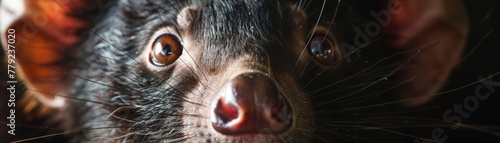 Experience the intensity of the Tasmanian devil's gaze in this close-up, reflecting the spirit of this distinctive marsupial. photo