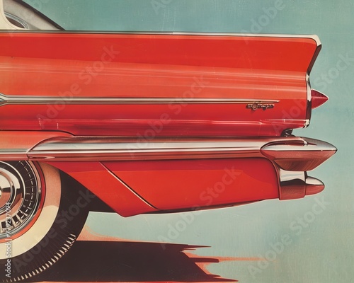 Experience the allure of bygone days with a close-up view of a vintage car advertisement poster, showcasing retro design elements reminiscent of the 1960s.
