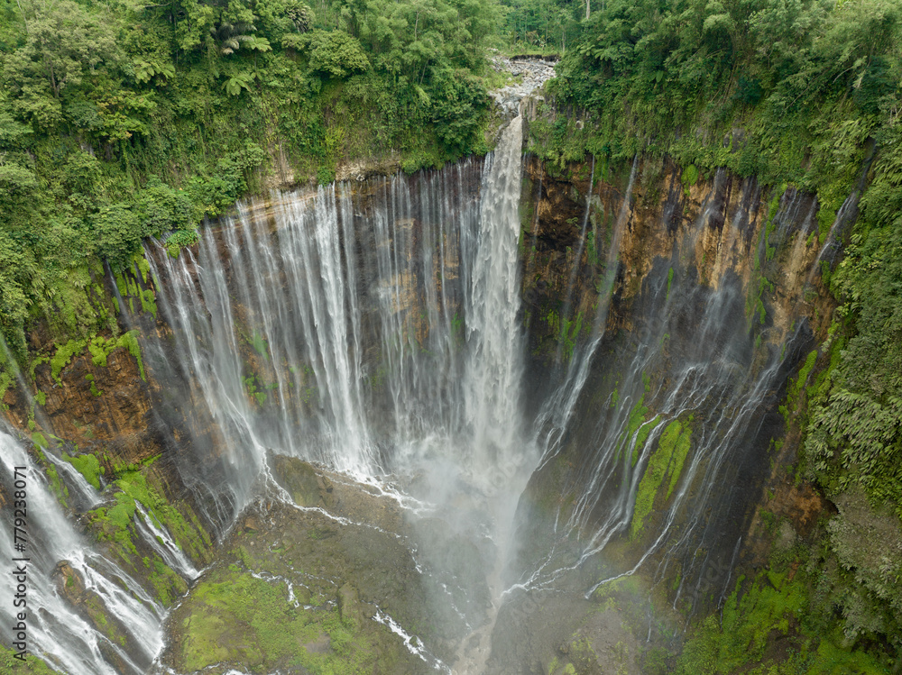 Aerial view of Tumpak Sewu Waterfall in East Java, Indonesia