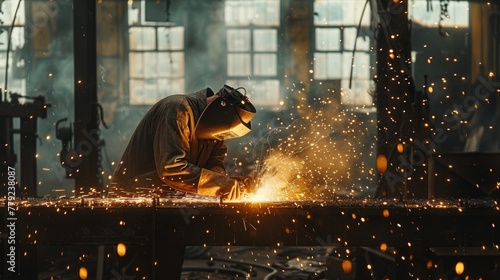 A man weld industry steel with spark at factory  photo