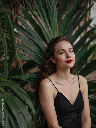 Woman Wearing Black Dress And Red Lipstick, A Portrait of Red-Lipped Beauty Amidst Palm Leaves, Enigmatic Elegance