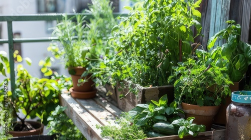 Urban Oasis Growing Adaptogenic Herbs in an Urban Garden Scene, Demonstrating Stress-Reduction Techniques for Small-Space Gardening Enthusiasts 