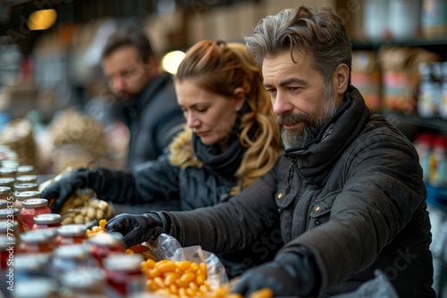 Man and woman selecting products at an outdoor market, wintertime