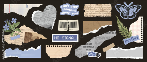 Trendy collage vector collection. Set of torn notepaper, old newspaper, cut gazette, collage rip elements, retro notebook sheets, craft labels. Retro grunge stickers for scrapbook and design.