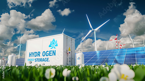 a hydrogen energy storage unit situated in a field alongside wind turbines and solar panels.  photo