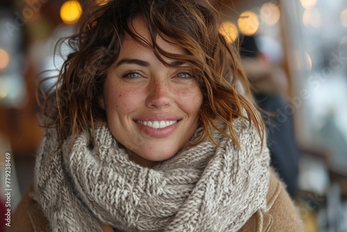 Wallpaper Mural A close-up portrait of a woman with a warm scarf and smile, showcasing a winter look Torontodigital.ca
