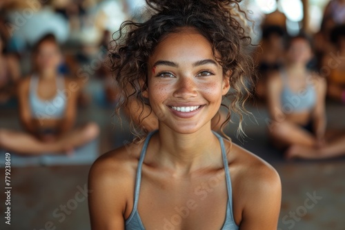 A woman with curly hair smiles warmly, surrounded by others in a yoga studio Her joyful expression is the focus