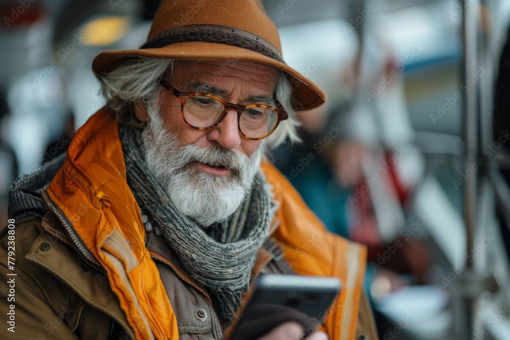 An elderly man with a distinguished beard and hat focused on his smartphone screen outdoors An elderly man with a distinguished beard and hat focused on his smartphone screen outdoors