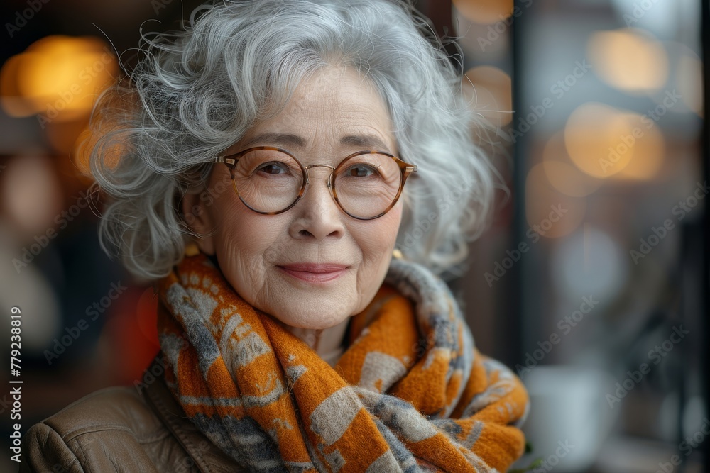 A sophisticated elderly lady with grey hair and stylish glasses smiling warmly in an indoor setting A sophisticated elderly lady with grey hair and stylish glasses smiling warmly in an indoor setting