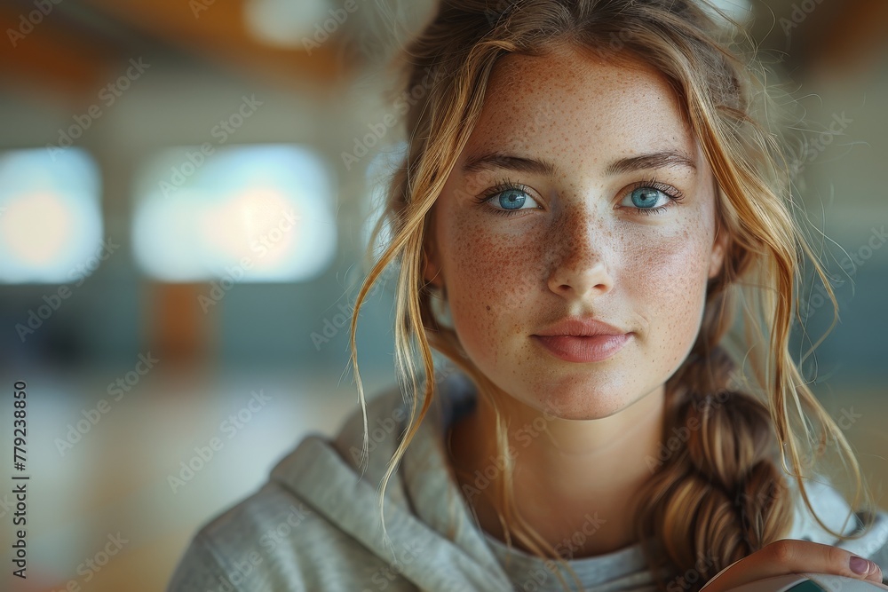 A close-up portrait of a young woman with blue eyes, freckles, and braided hair looking at the camera