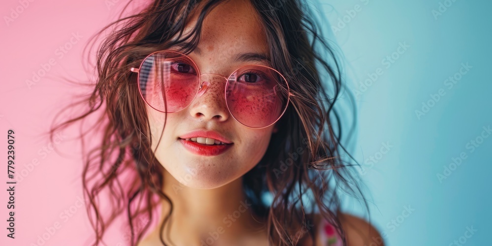 Young and happy woman in stylish sunglasses on pastel background Young and happy woman in stylish sunglasses on pastel background