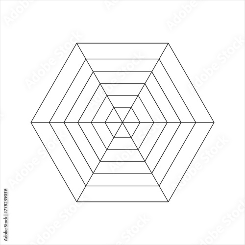 Hexagon diagram divided on equal segments. Statistics or analytics graph, radar or spider chart, wheel of life or habits tracker template isolated on white background. Vector outline illustration