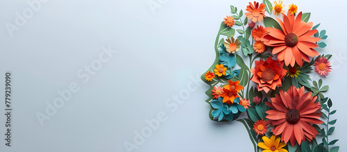 World mental health day banner with paper cutout person head and flowers on a white background, symbolizing self care and mental health awareness.