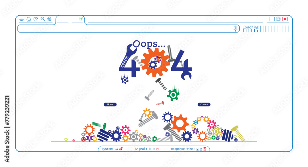 Error 404 abstract website browser template design with gears and screws. Webpage internet security warning to use for programming, web development, webpage error, error 404 projects. 
