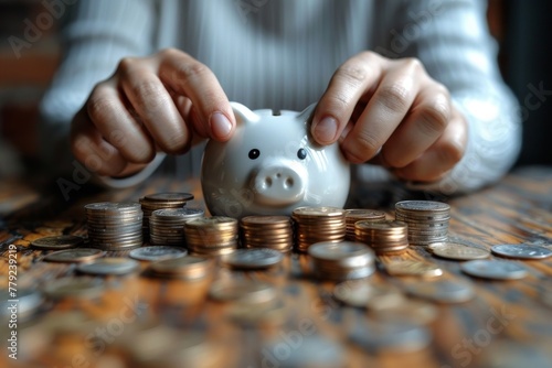 Hands place coins into a piggy bank, symbolizing financial savings, budgeting, and investment strategies for future stability photo