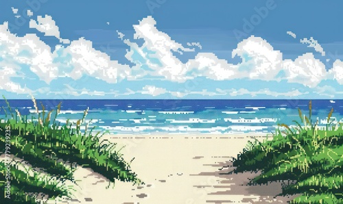 Pixel art image of a serene beach landscape, showcasing a clear blue sky, white clouds, and vivid greenery on sandy dunes