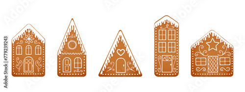 Set of icing glazed gingerbread houses cookies. Gnger bread town isolated on white background. Cute Christmas pastries. New Year sweet treats. Vector cartoon illustration.