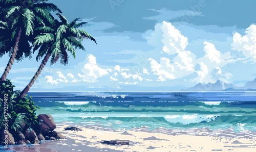 A serene pixel art depiction of a tropical beach, showcasing palm trees, shimmering water, and distant mountains under a cloudy sky © Matthew
