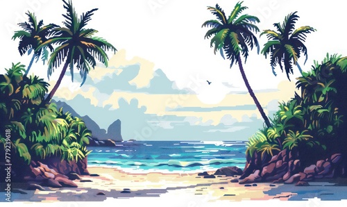 A digital art piece displaying a pixelated tropical beach scene with palm trees  ocean  and flying bird creating a serene vacation vibe