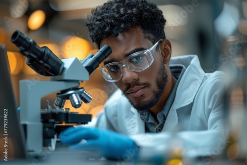 A young male researcher carefully observes through the microscope in a research lab