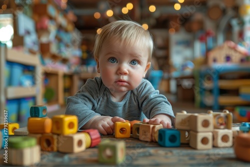 Cute blue-eyed toddler frowning slightly while playing with cube-shaped toys