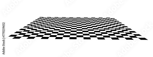 Empty chessboard plane in perspective. Tiled mosaic floor. Sloped checkerboard texture. Inclined board with black and white squares pattern isolated on white background. Vector flat illustration