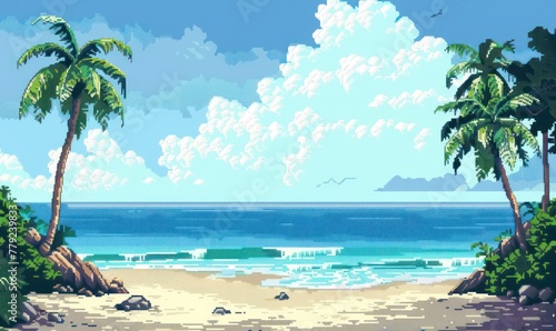 A serene and picturesque pixel art depiction of a tranquil tropical beach scene with lush palm trees, clear blue skies, and gentle ocean waves