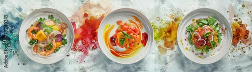 3D rendered food dishes with 2D watercolor backgrounds, blending tastes and art photo