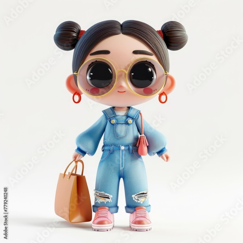 3d illustration of a fashionable young woman with shopping bags on a white background. Asian style. Big eyes.